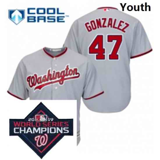 Youth Majestic Washington Nationals 47 Gio Gonzalez Grey Road Cool Base MLB Stitched 2019 World Series Champions Patch Jersey